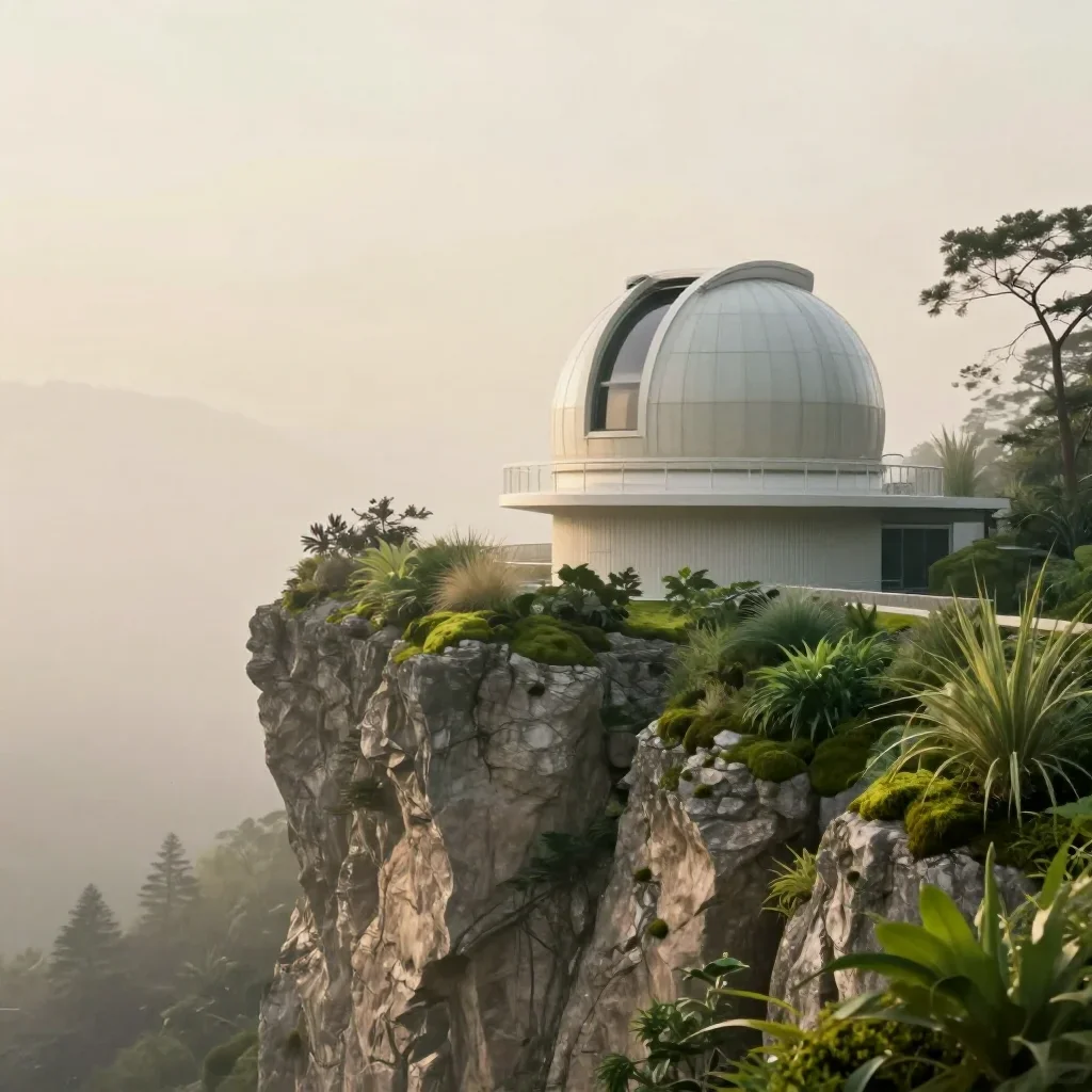 a cliffside observatory under soft dawn fog, contemporary botanical illustration, soft volumetric light, moss green and