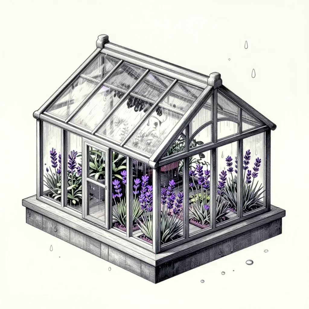 a floating botanical conservatory after warm summer rain, Japanese woodblock-inspired editorial art, careful geometric c