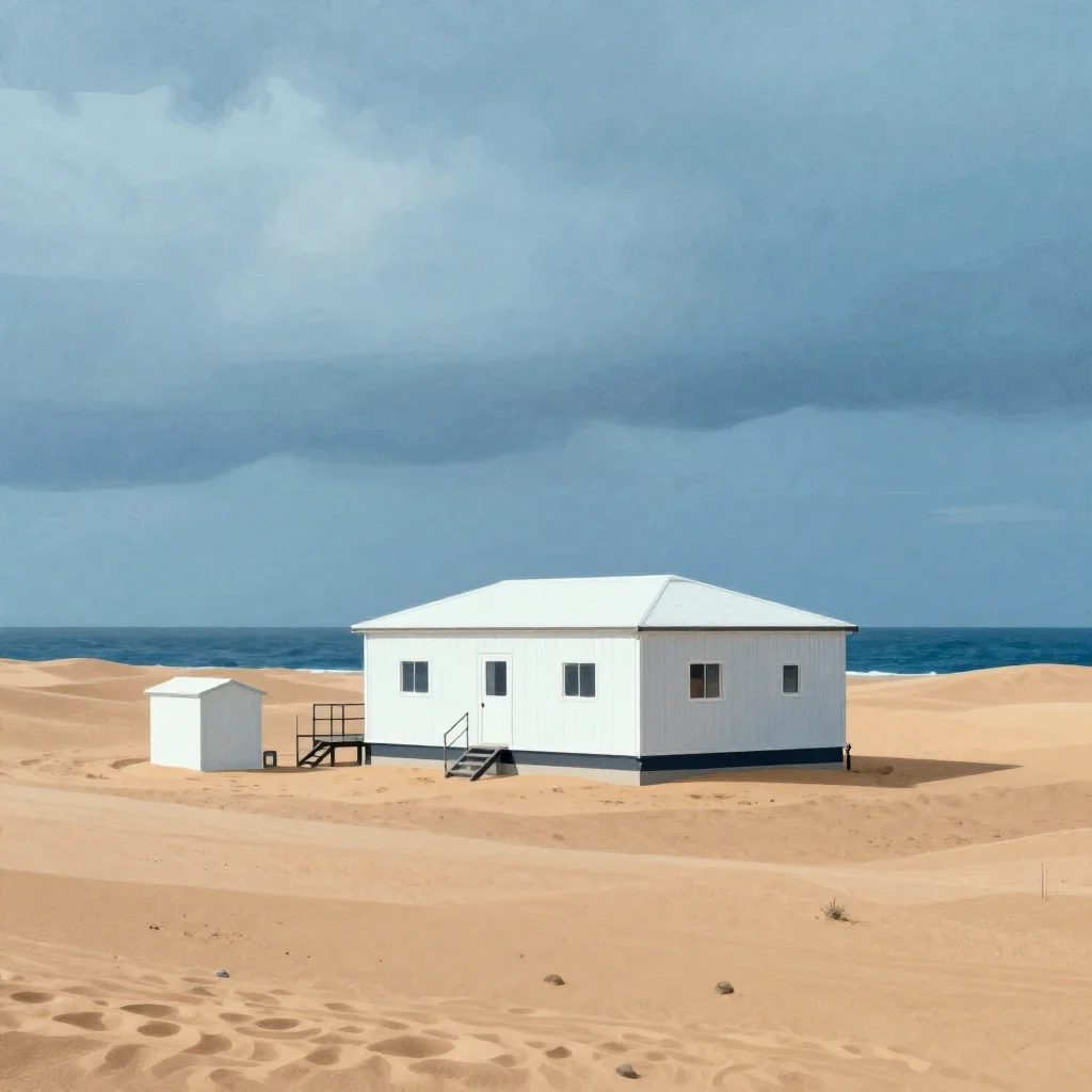 a desert research station under overcast coastal light, Japanese woodblock-inspired editorial art, restrained color harm