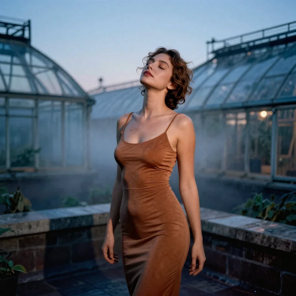 a muse on a rooftop at dusk in a body-con dress in a deep breath with eyes closed, in a greenhouse humid with mist, myth