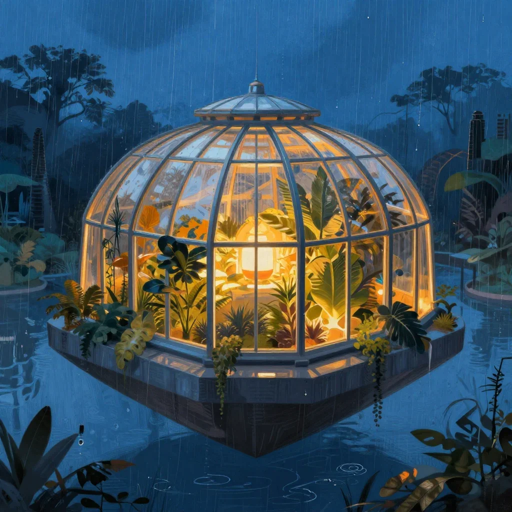 a floating botanical conservatory after warm summer rain, modernist poster illustration, atmospheric depth, cobalt and a