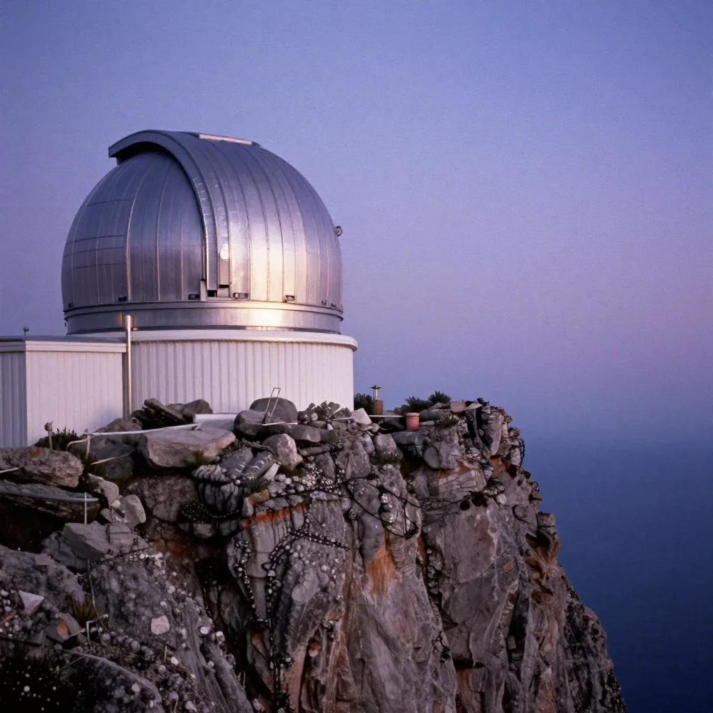 a cliffside observatory at blue hour, soft-grain analog film photography, subtle film grain, lavender and silver palette