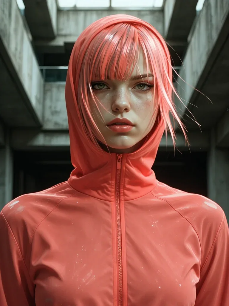 a streetwear influencer with wet-look hair mid-turn with fabric catching the light, in a brutalist concrete atrium, Vogu