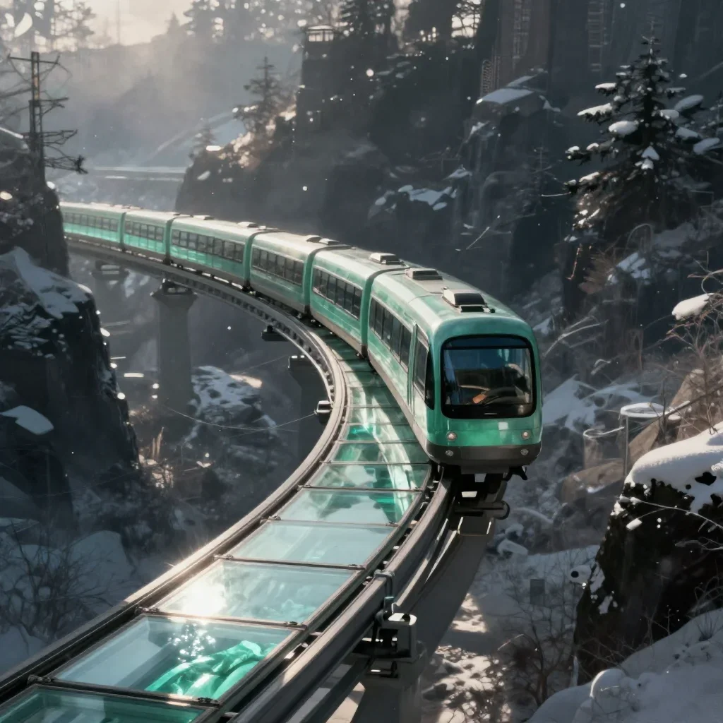 a glass monorail in crisp winter sunlight, quiet science-fiction concept art, atmospheric depth, jade and charcoal palet