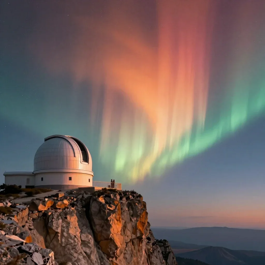 a cliffside observatory beneath an aurora, refined editorial travel photography, soft volumetric light, ochre and ultram