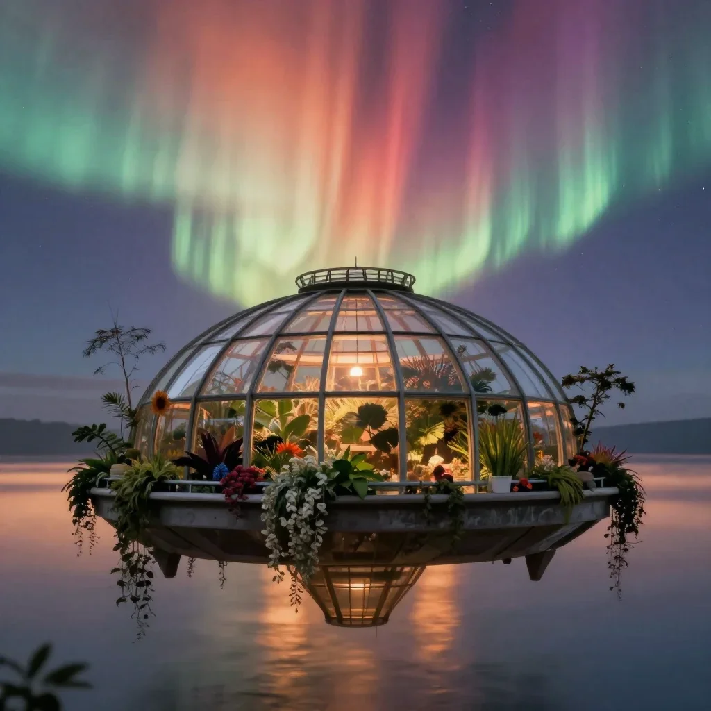 a floating botanical conservatory beneath an aurora, refined editorial travel photography, gentle reflected light, ochre