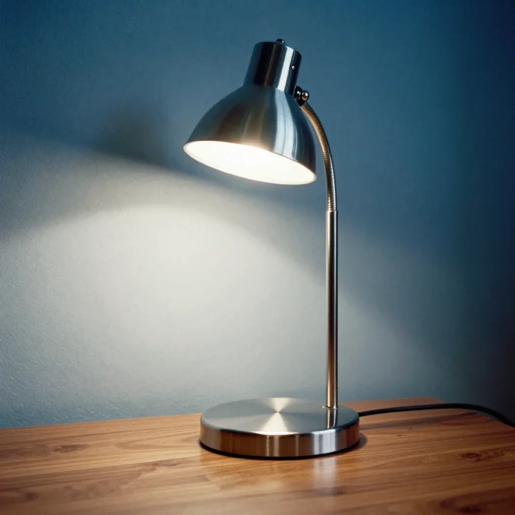 a modular chrome reading lamp at first light, soft-grain analog film photography, atmospheric depth, ice blue and warm c