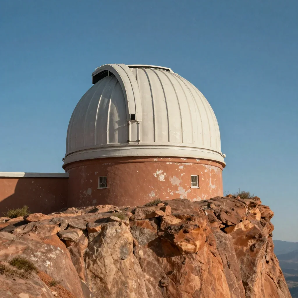 a cliffside observatory beneath a star-filled sky, museum-quality still-life photography, weathered tactile surfaces, te