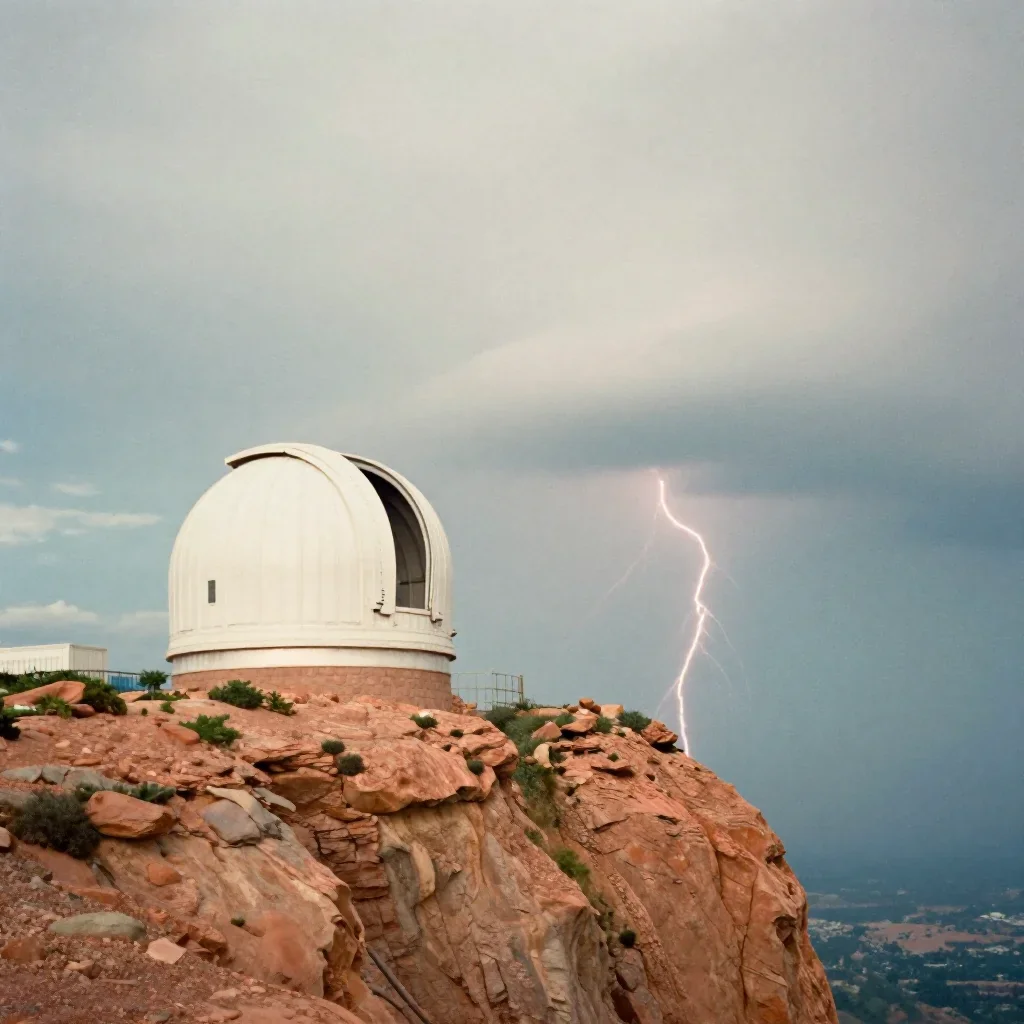 a cliffside observatory after a distant thunderstorm, soft-grain analog film photography, atmospheric depth, terracotta