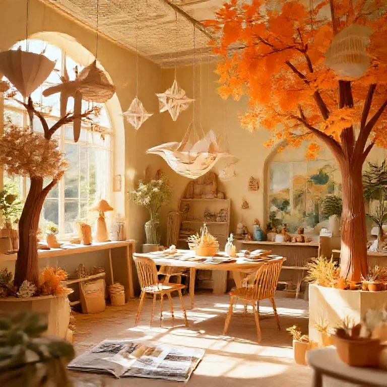 Sunlit atelier filled with suspended paper sculptures and orange trees, warm Mediterranean palette, design magazine photography, no text