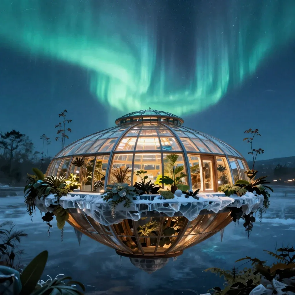 a floating botanical conservatory beneath an aurora, cinematic architectural photography, atmospheric depth, ice blue and warm cedar palette, no people, no text, no logo, no watermark