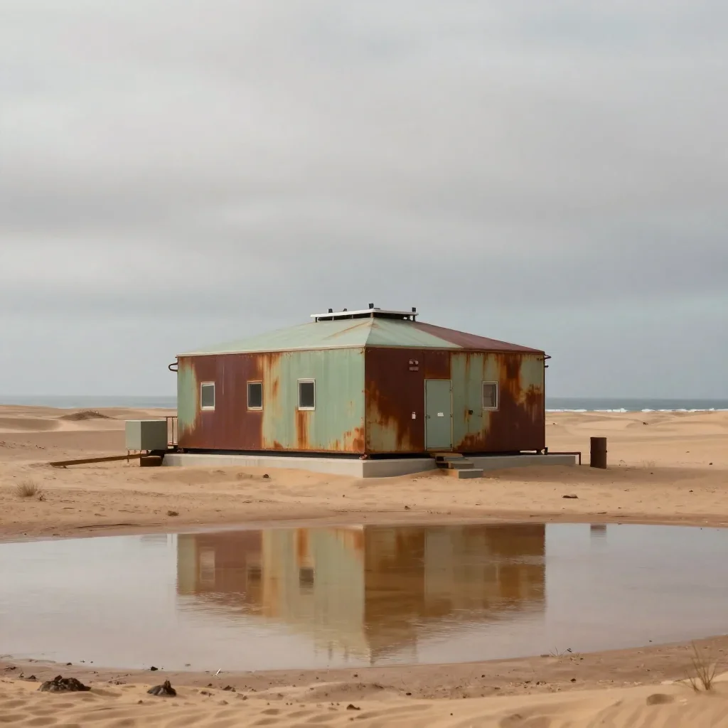 a desert research station under overcast coastal light, dreamlike fine-art landscape photography, gentle reflected light
