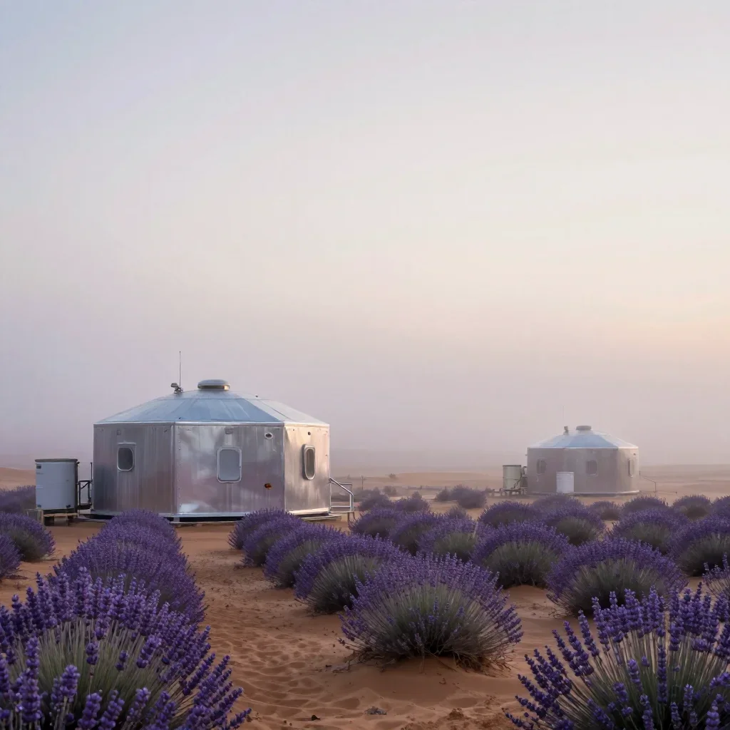 a desert research station under soft dawn fog, dreamlike fine-art landscape photography, crisp material detail, lavender