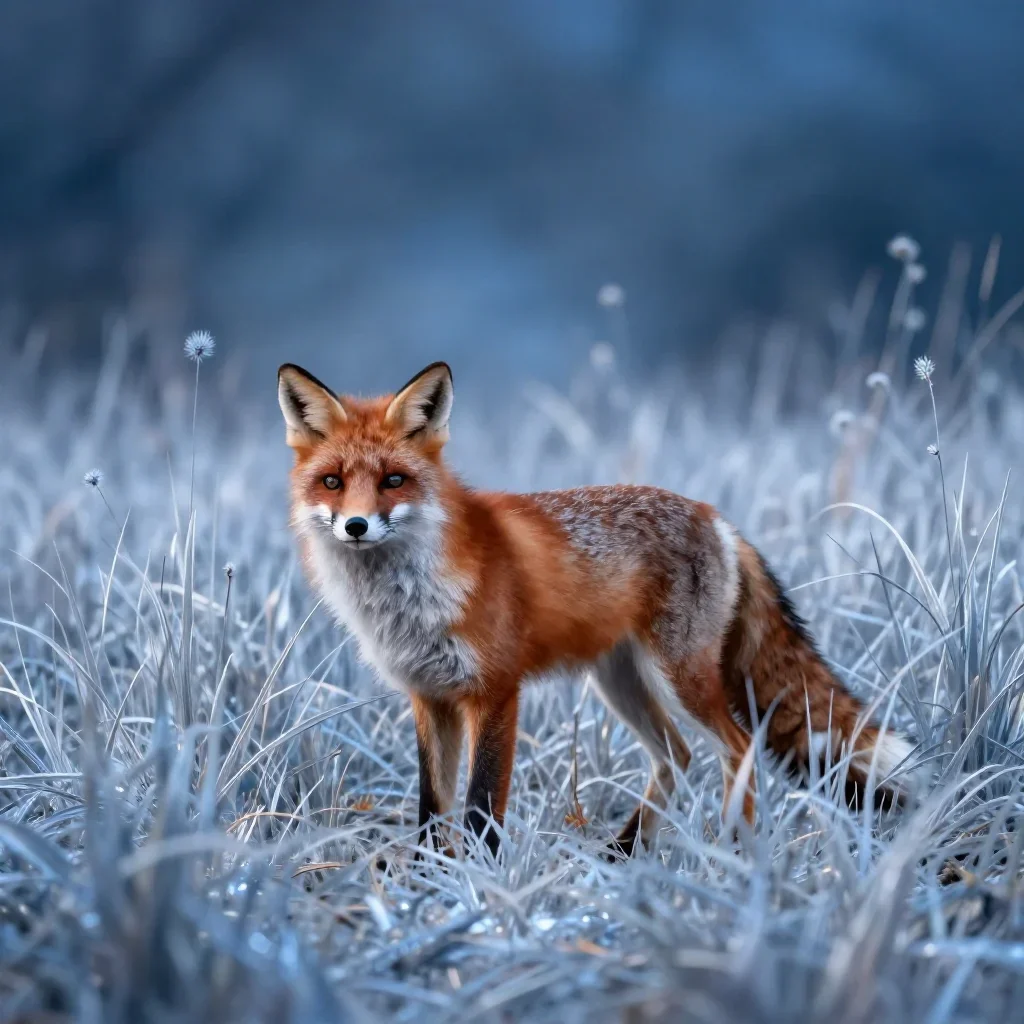 a red fox among silver grass at blue hour, dreamlike fine-art landscape photography, layered foreground framing, ice blu