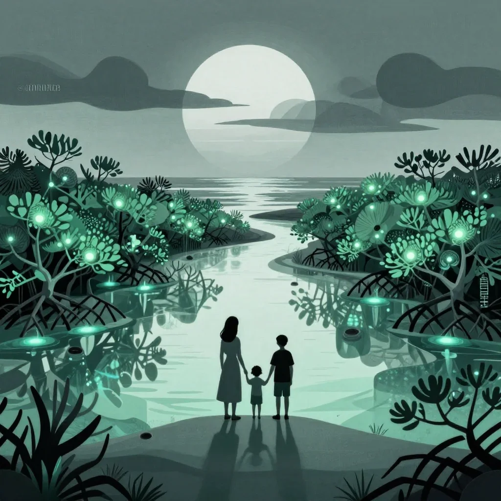 a bioluminescent mangrove lagoon under overcast coastal light, modernist poster illustration, careful geometric composit