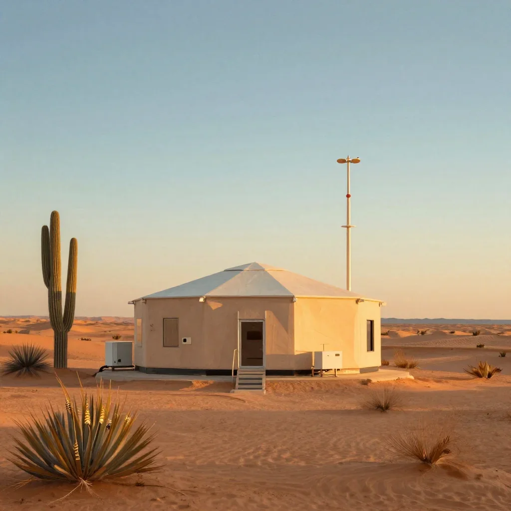 a desert research station during golden hour, contemporary botanical illustration, careful geometric composition, terrac