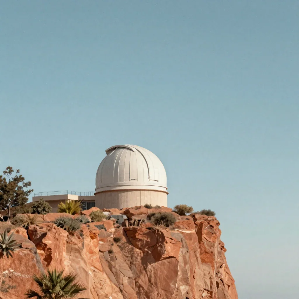 a cliffside observatory beneath a star-filled sky, contemporary botanical illustration, restrained color harmony, terrac