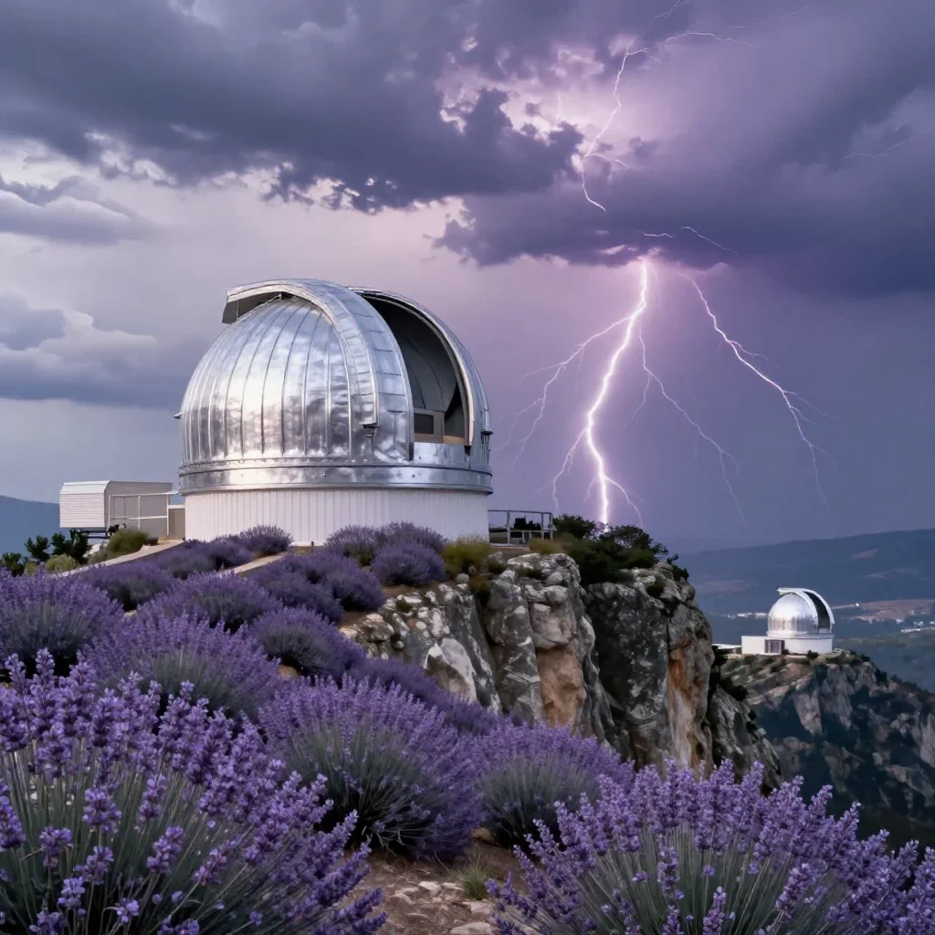 a cliffside observatory after a distant thunderstorm, refined editorial travel photography, soft volumetric light, laven