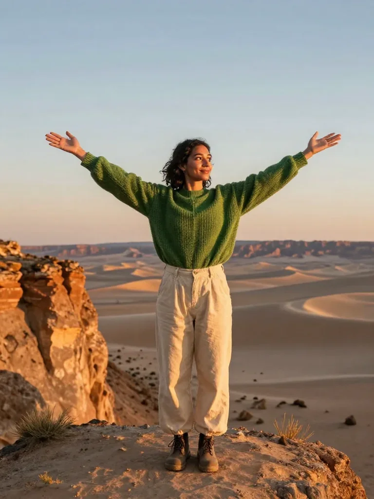 a travel influencer posing on a cliffside at golden hour in a bold, open-armed welcome, in a silent desert at twilight, 