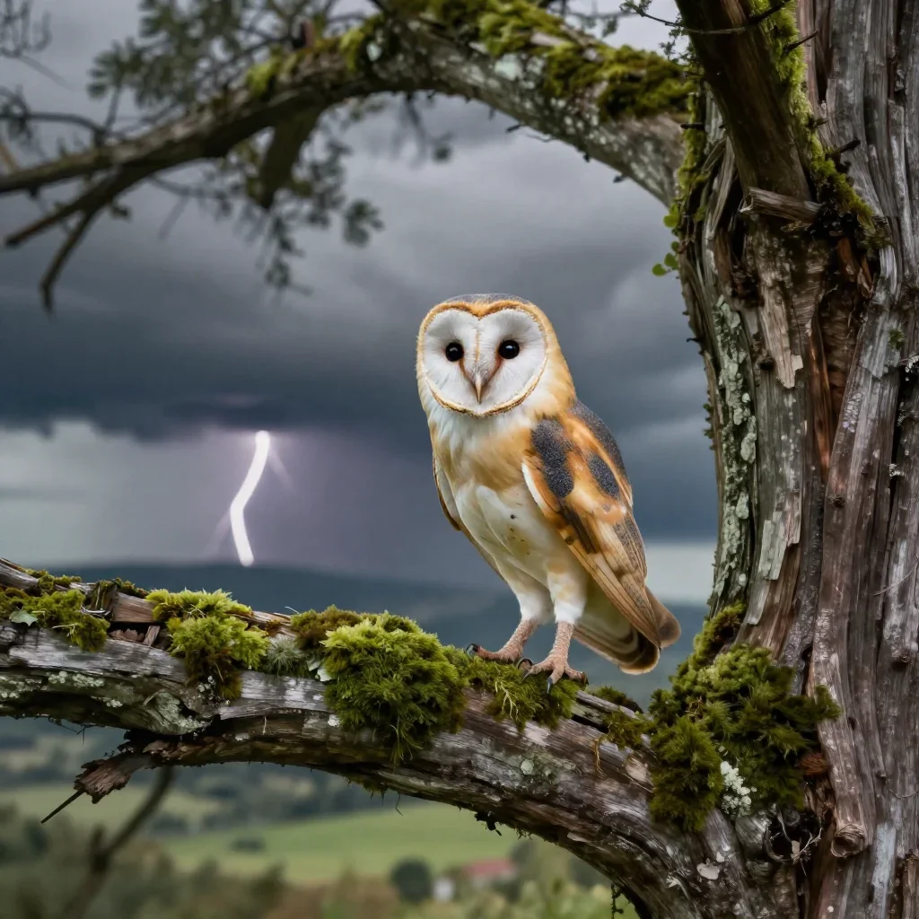 a barn owl in an old cedar after a distant thunderstorm, dreamlike fine-art landscape photography, shallow depth of fiel