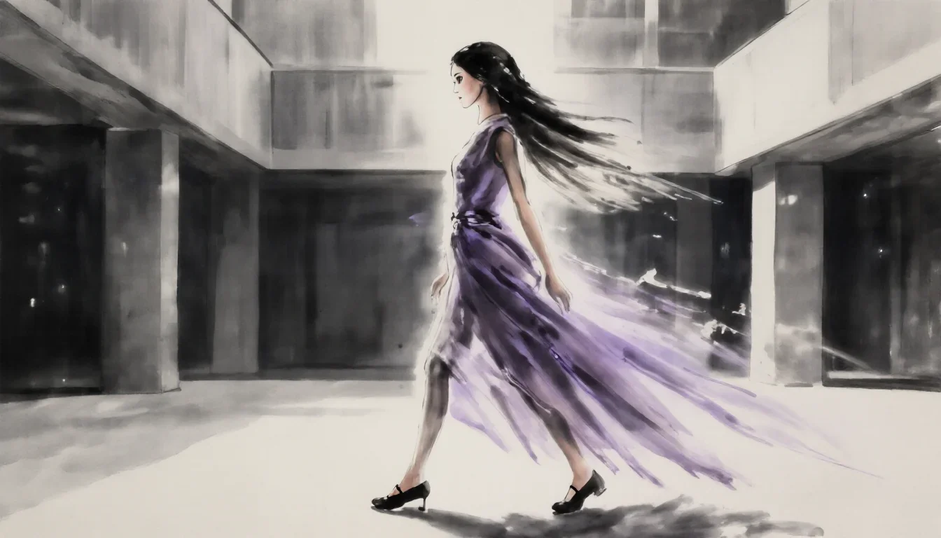 a spectral fox-spirit woman in an ink wash in a confident cinematic stride, in a brutalist concrete atrium, high-fashion