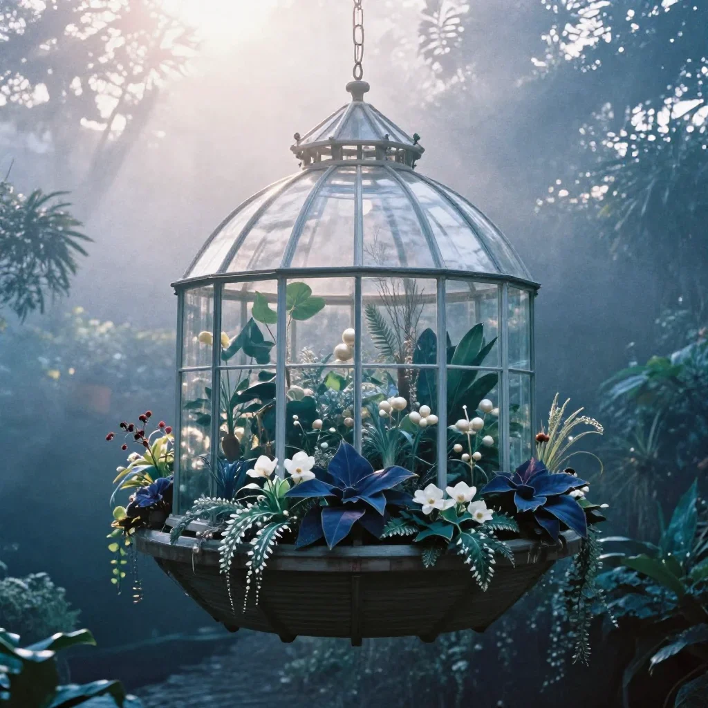 a floating botanical conservatory in quiet late-afternoon haze, soft-grain analog film photography, soft volumetric ligh