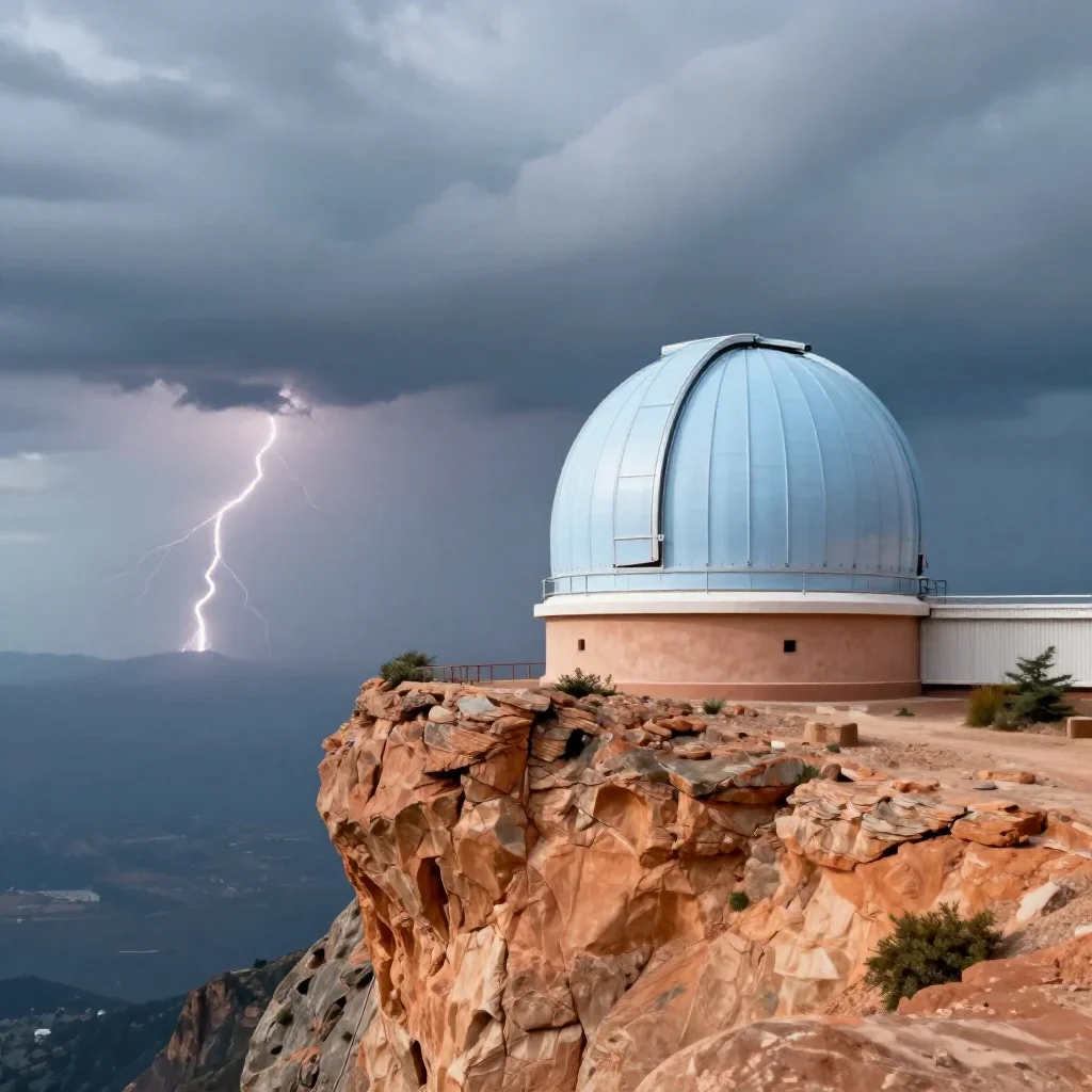 a cliffside observatory after a distant thunderstorm, high-end design magazine photography, clean natural textures, terr