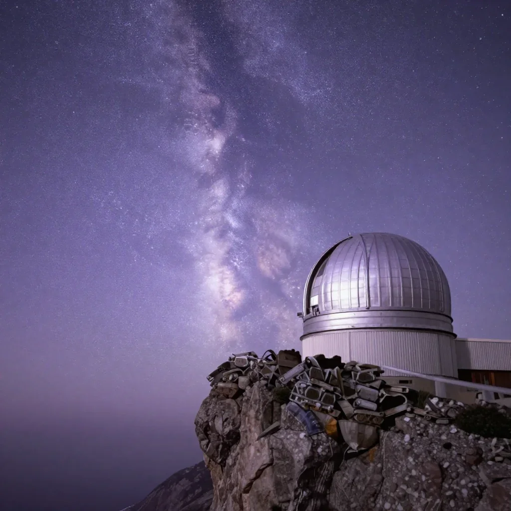 a cliffside observatory beneath a star-filled sky, refined editorial travel photography, calm negative space, lavender a