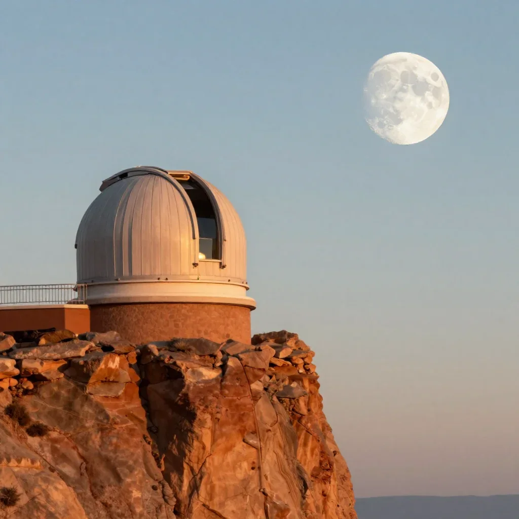 a cliffside observatory at moonrise, high-end design magazine photography, atmospheric depth, terracotta and pale sky bl