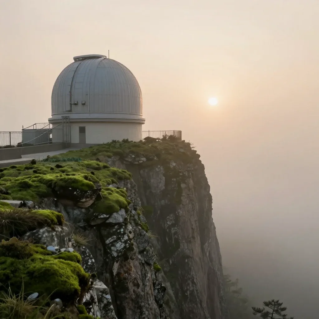 a cliffside observatory under soft dawn fog, refined editorial travel photography, gentle reflected light, moss green an
