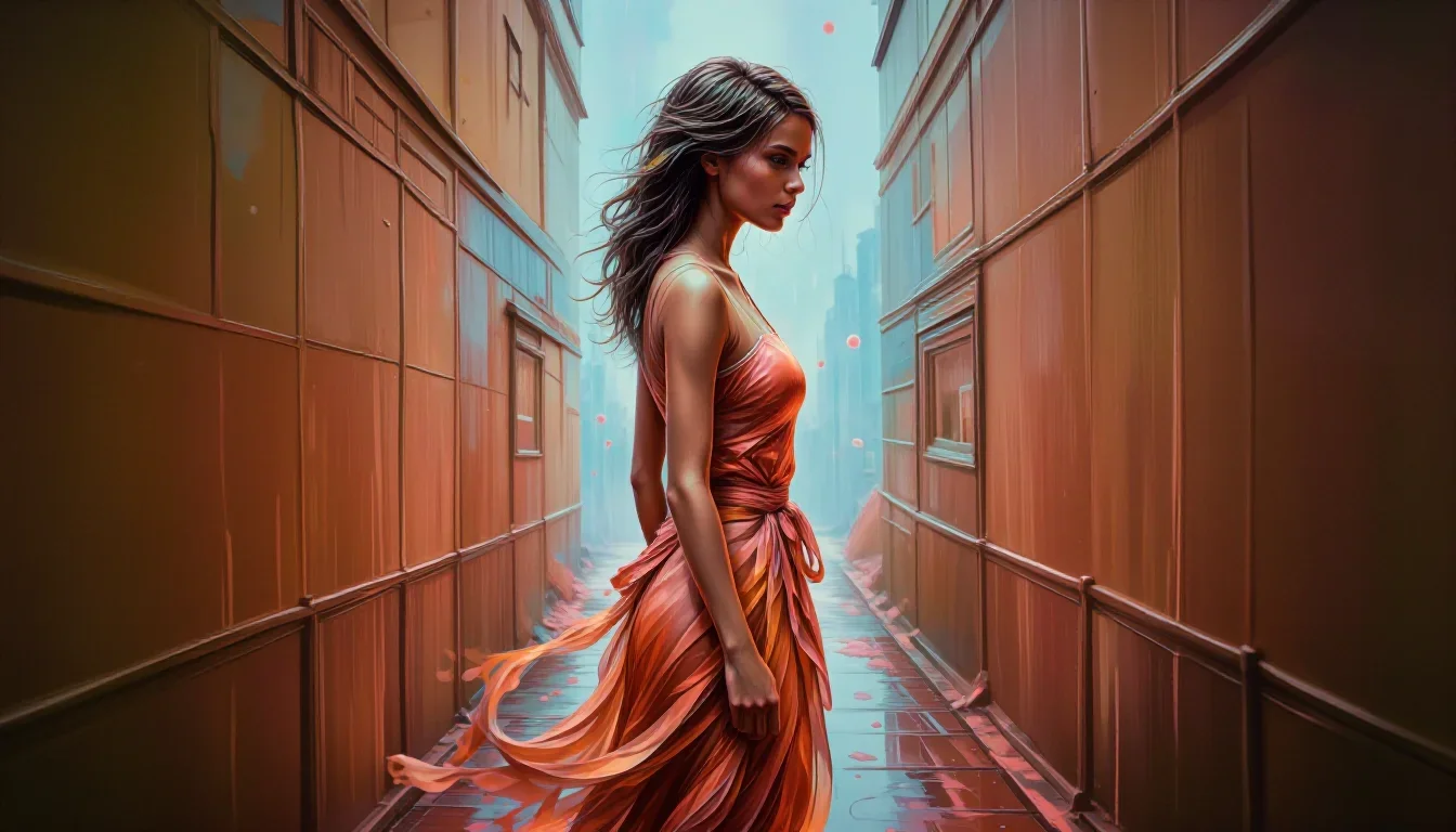 a young woman in a flowing silk gown in a dramatic three-quarter profile, in a rain-slick neon alley, cinematic film sti