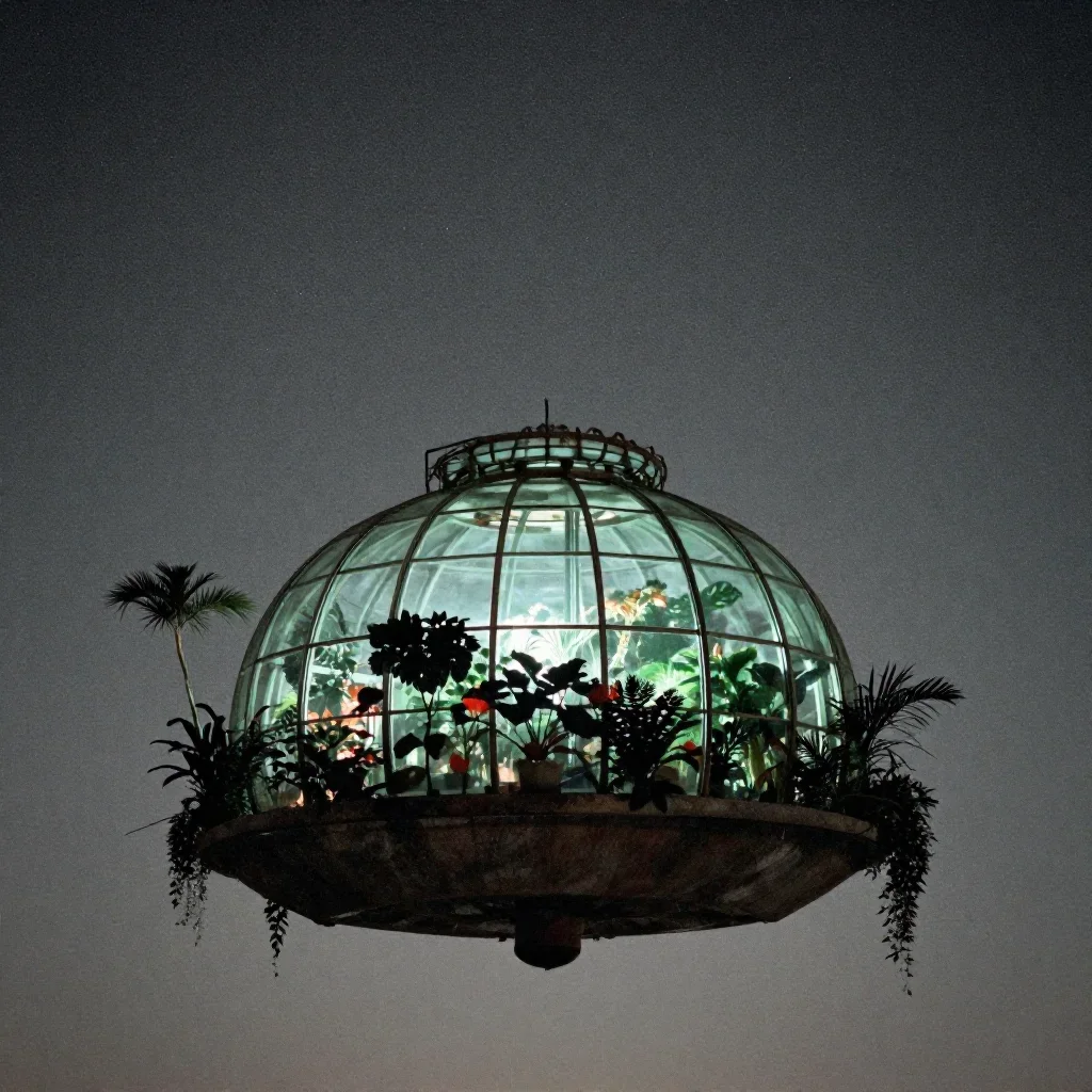 a floating botanical conservatory beneath a star-filled sky, soft-grain analog film photography, restrained color harmon