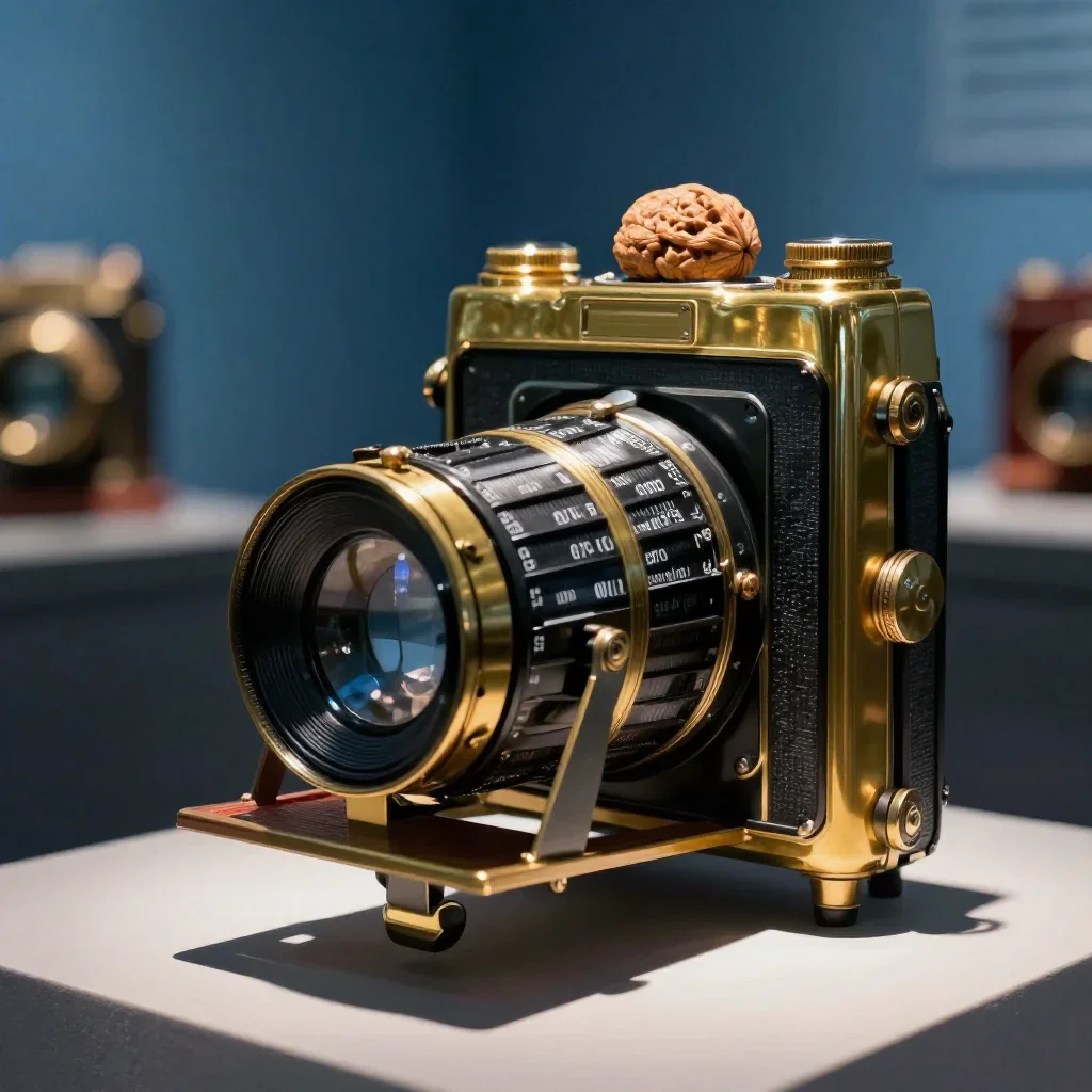 a walnut and brass field camera in cool museum light, refined editorial travel photography, clean natural textures, cobalt and amber palette, family-safe, no text, no logo, no watermark