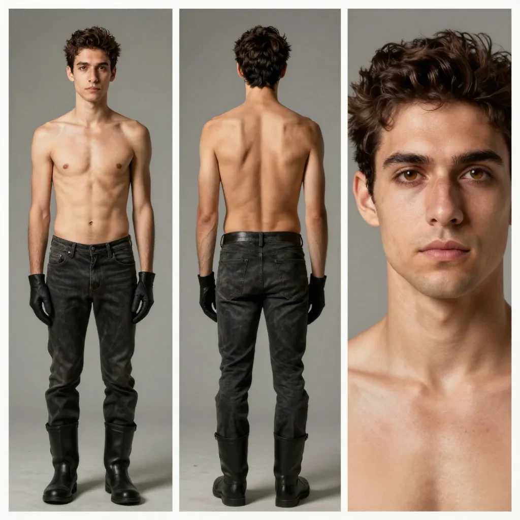 A single character sheet of one man presented as three panels side by side against a plain neutral gray studio backdrop: Left panel: full-body front view from head to toe, the entire figure including boots fully in fr...