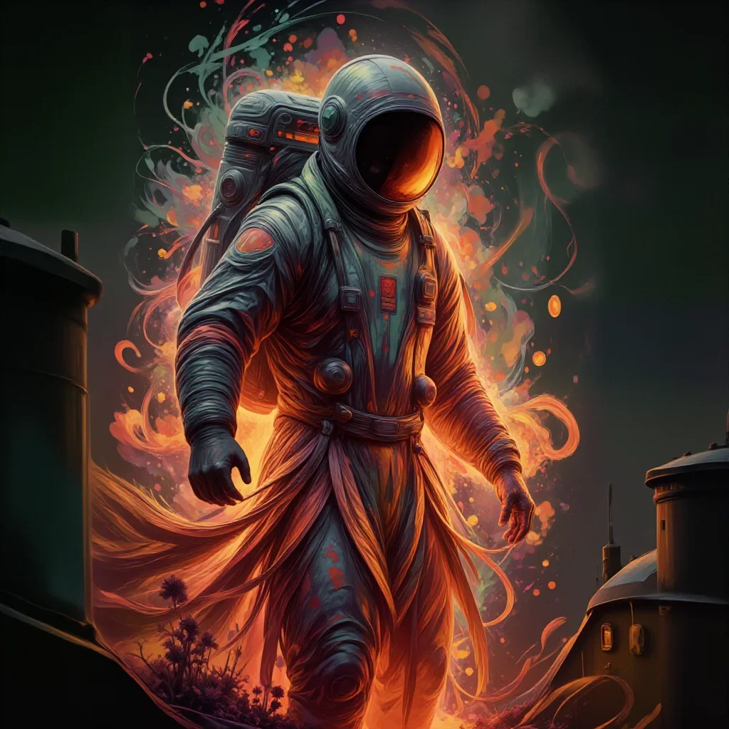 an astronaut in a reflective bodysuit among wildflowers mid-turn with fabric catching the light, on a neon-lit rooftop a