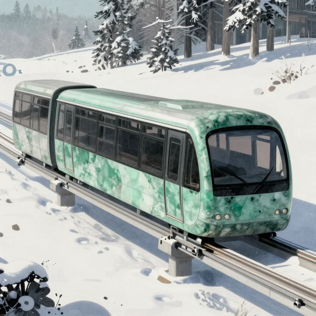 a glass monorail in crisp winter sunlight, Japanese woodblock-inspired editorial art, weathered tactile surfaces, jade a