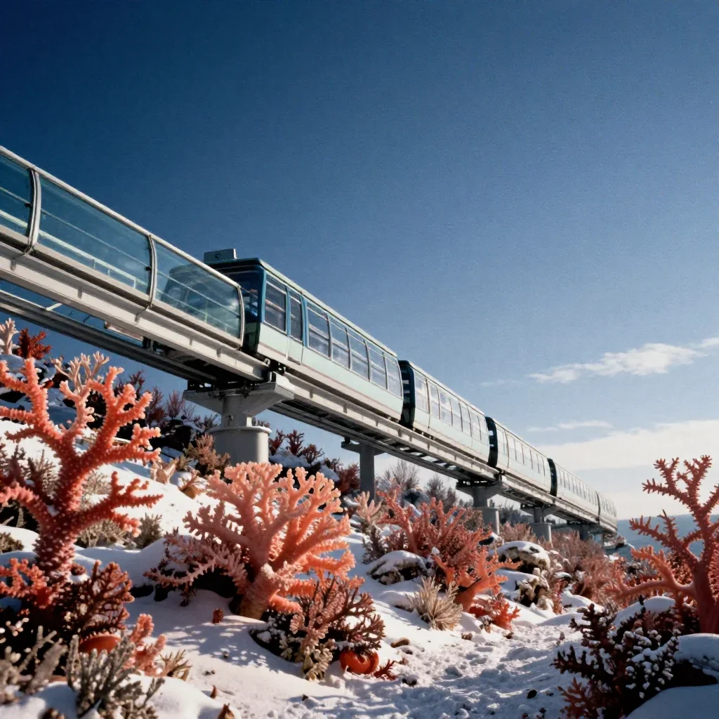 a glass monorail in crisp winter sunlight, dreamlike fine-art landscape photography, subtle film grain, coral and midnig
