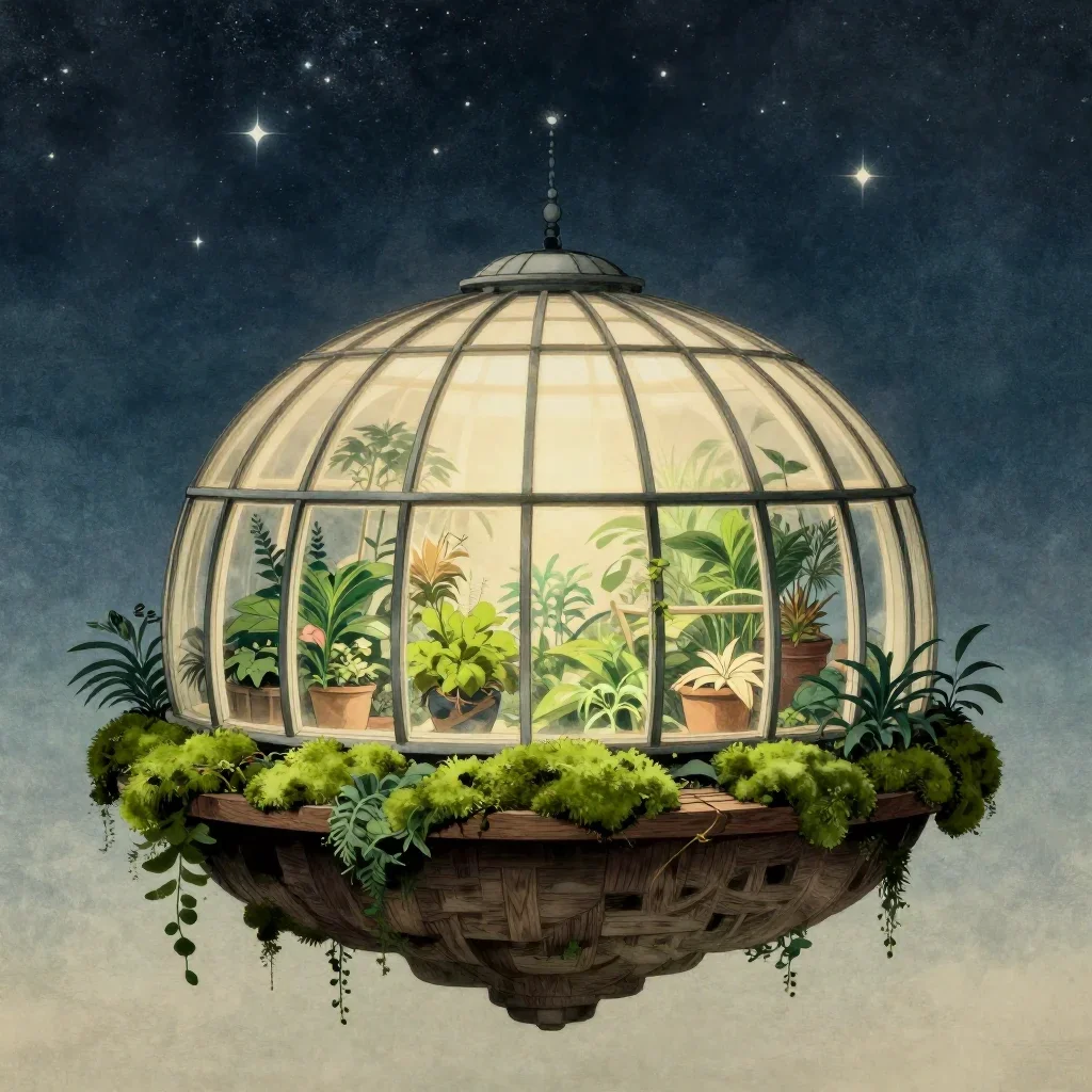 a floating botanical conservatory beneath a star-filled sky, Japanese woodblock-inspired editorial art, atmospheric dept
