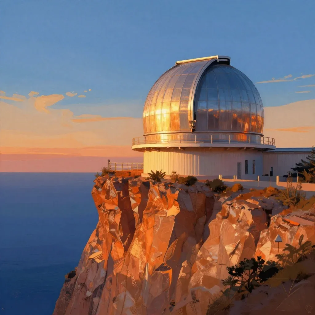 a cliffside observatory during golden hour, modernist poster illustration, gentle reflected light, ochre and ultramarine