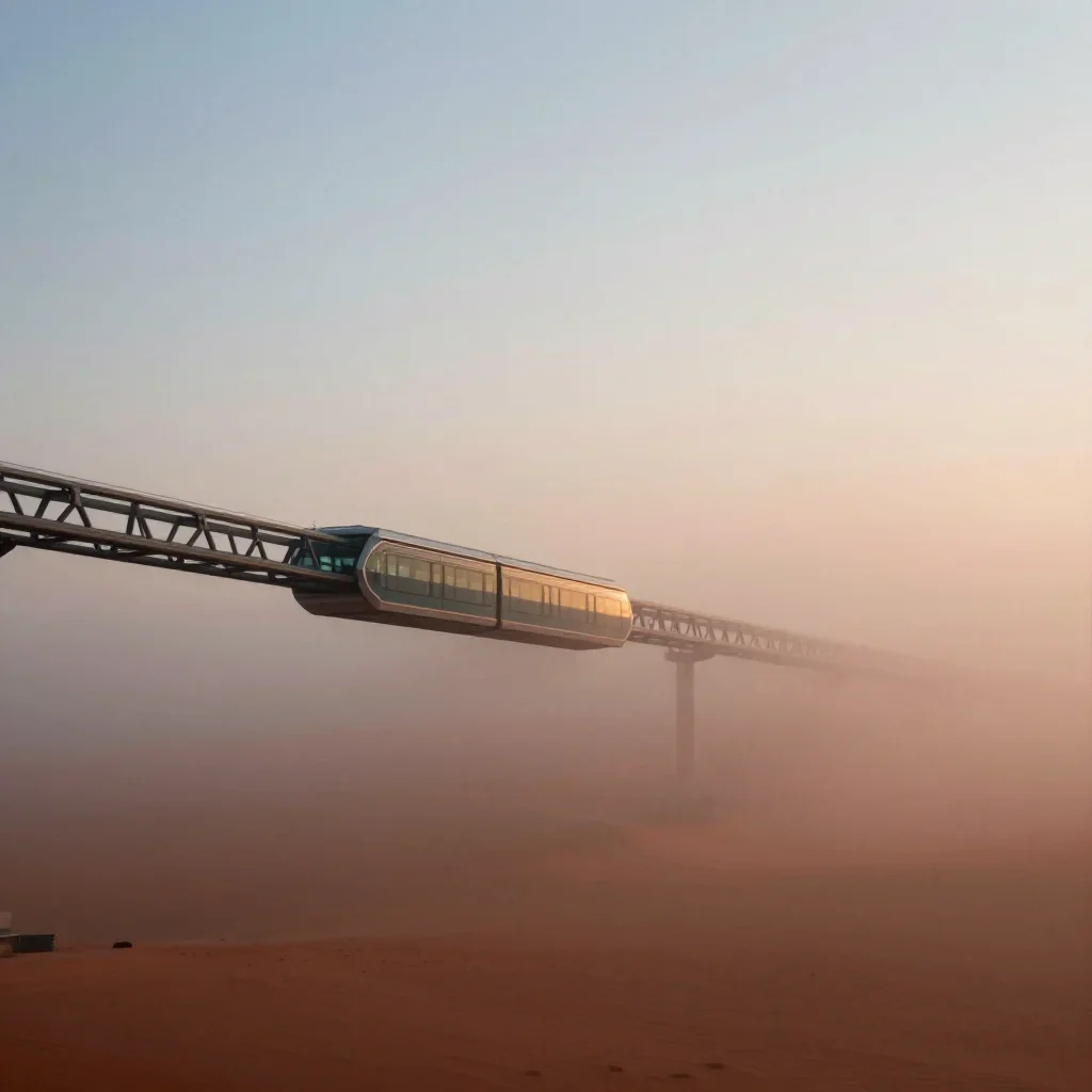 a glass monorail under soft dawn fog, quiet science-fiction concept art, calm negative space, terracotta and pale sky bl