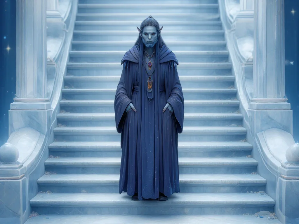 a sorceress in a star-lit midnight cloak standing tall with hands in pockets, on a marble staircase at dawn, dreamlike f