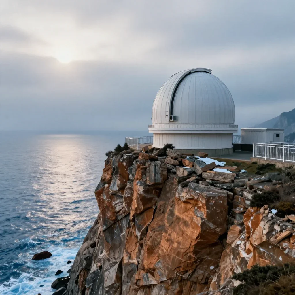 a cliffside observatory under overcast coastal light, dreamlike fine-art landscape photography, gentle reflected light, 
