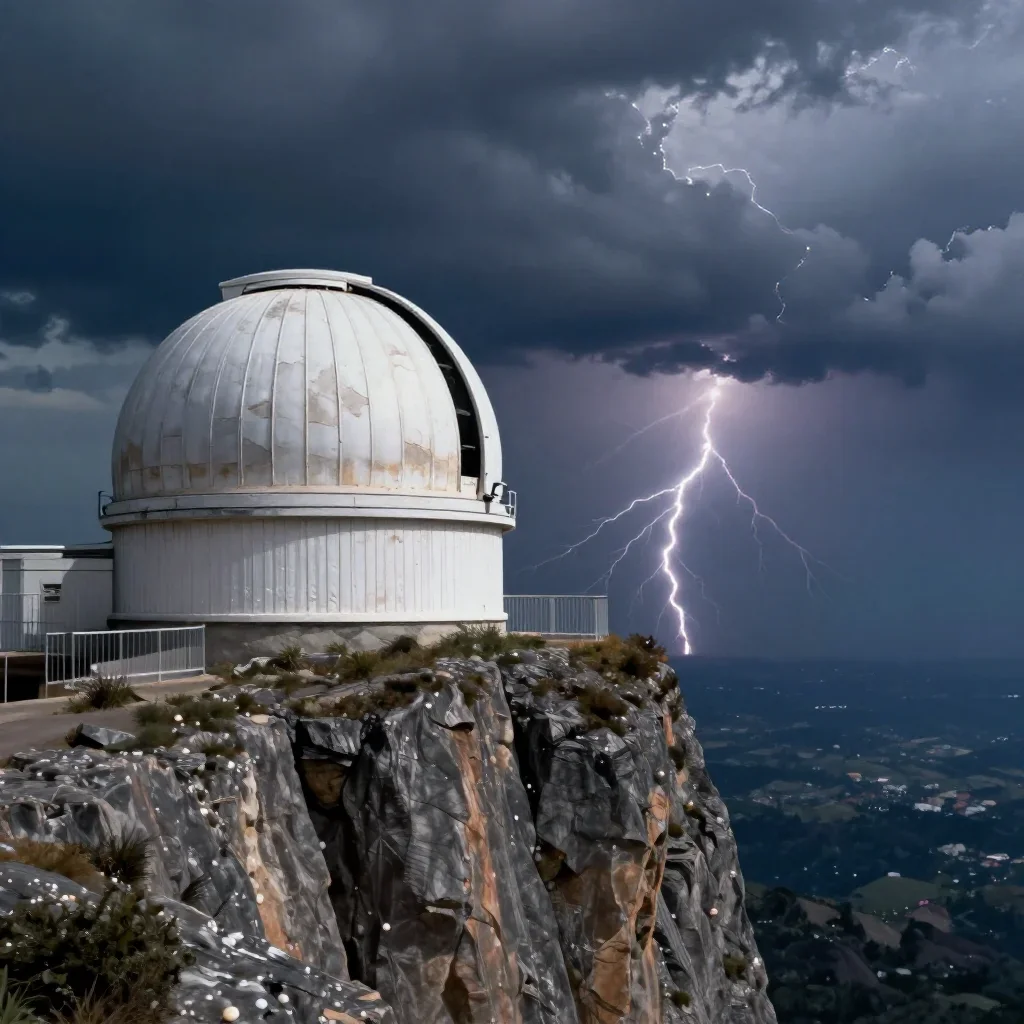 a cliffside observatory after a distant thunderstorm, quiet science-fiction concept art, weathered tactile surfaces, ind