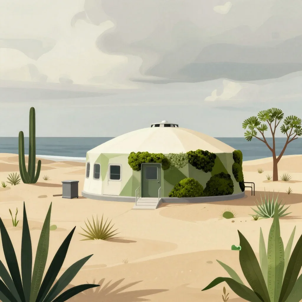 a desert research station under overcast coastal light, contemporary botanical illustration, careful geometric compositi