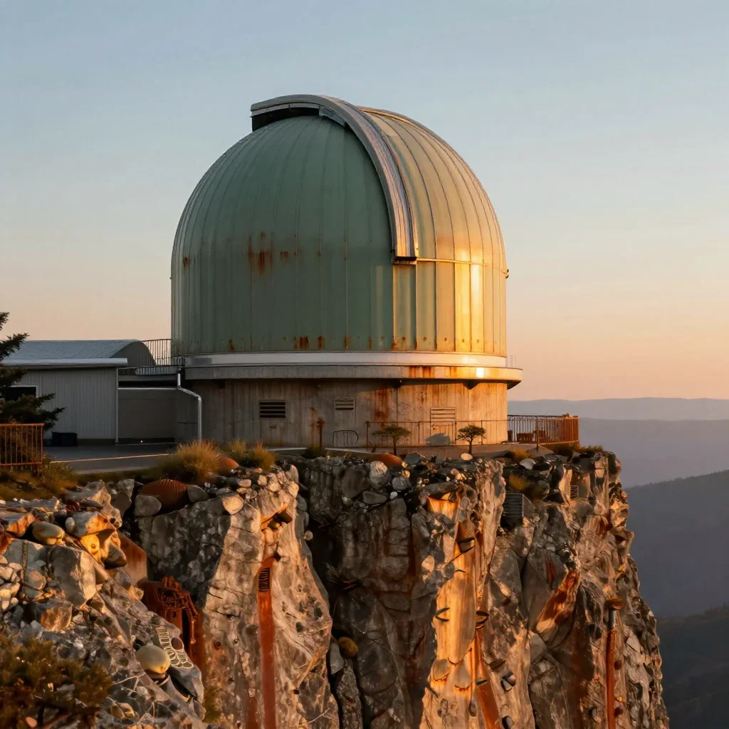 a cliffside observatory during golden hour, quiet science-fiction concept art, crisp material detail, rust and sage pale