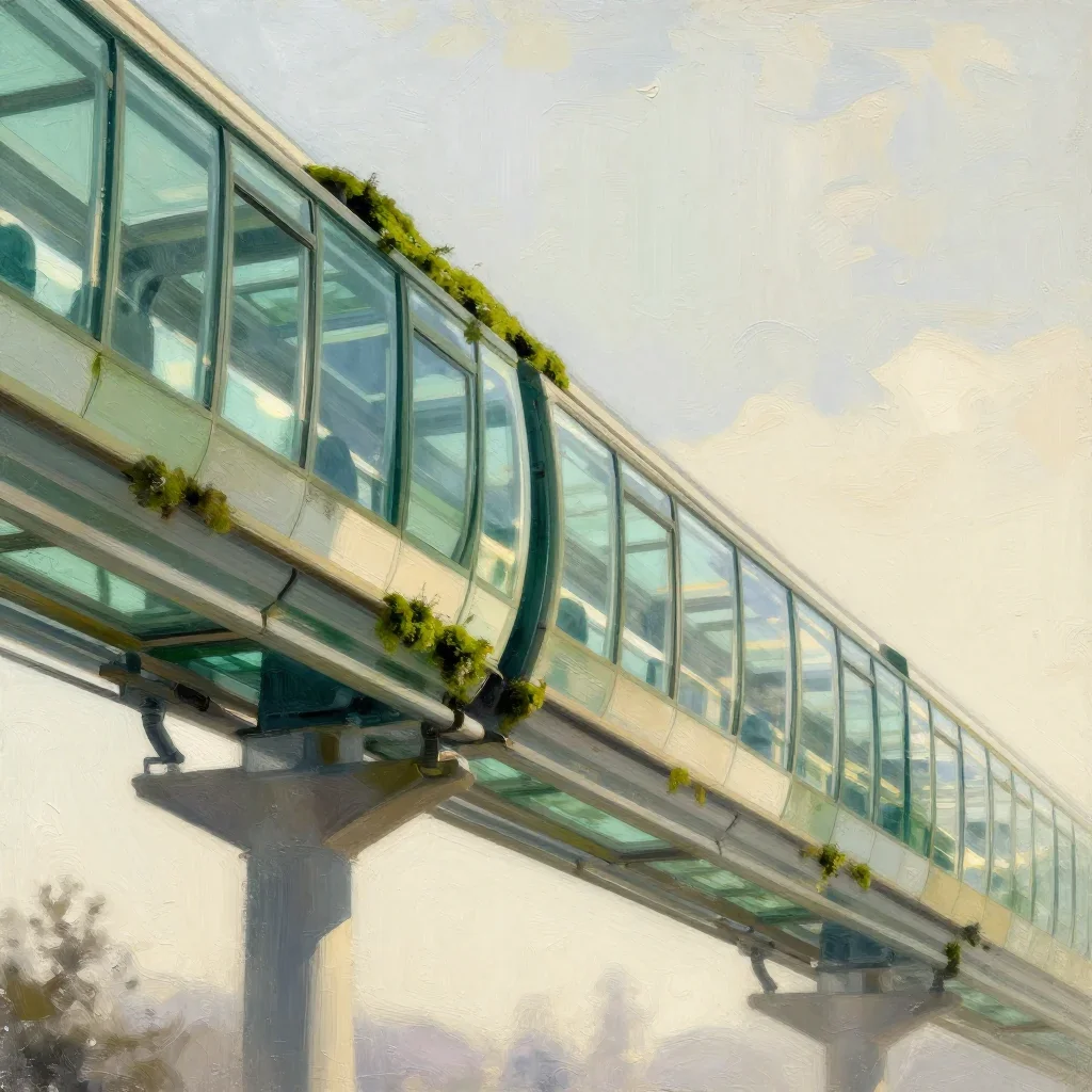 a glass monorail in crisp winter sunlight, modernist poster illustration, weathered tactile surfaces, moss green and cream palette, no people, no text, no logo, no watermark