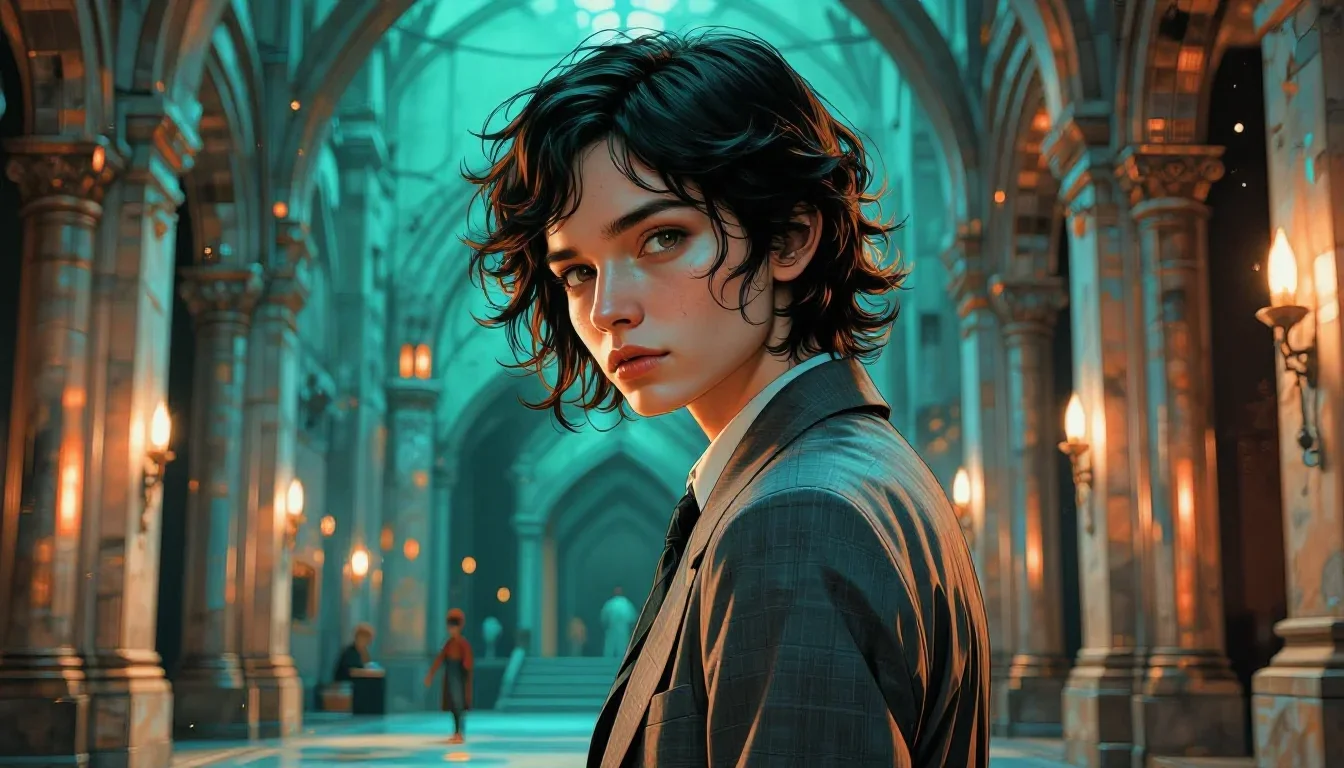 an androgynous model in a sharply tailored suit in an alluring over-the-shoulder glance, in a candle-lit cathedral ruin,
