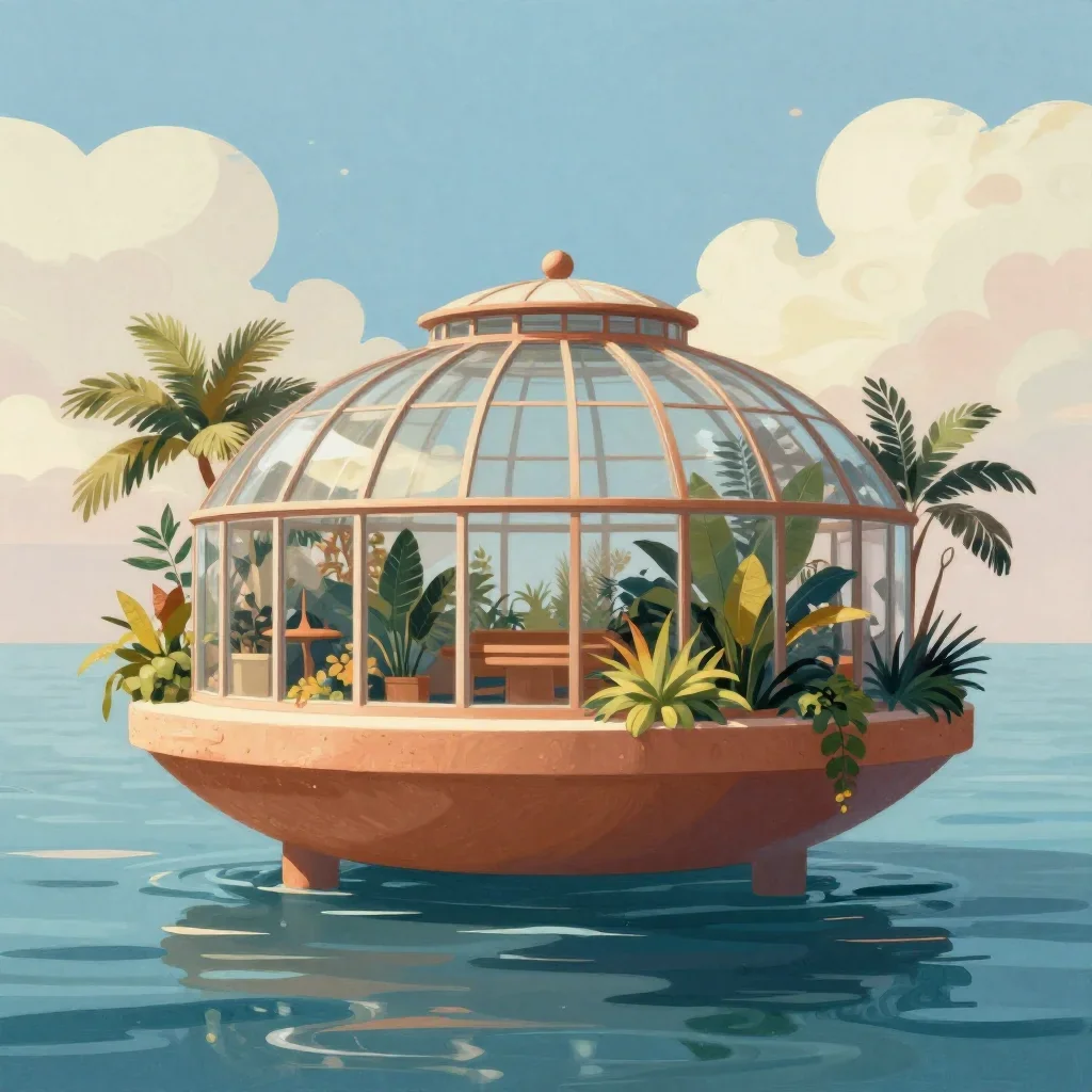 a floating botanical conservatory in a gentle sea breeze, modernist poster illustration, soft volumetric light, terracot