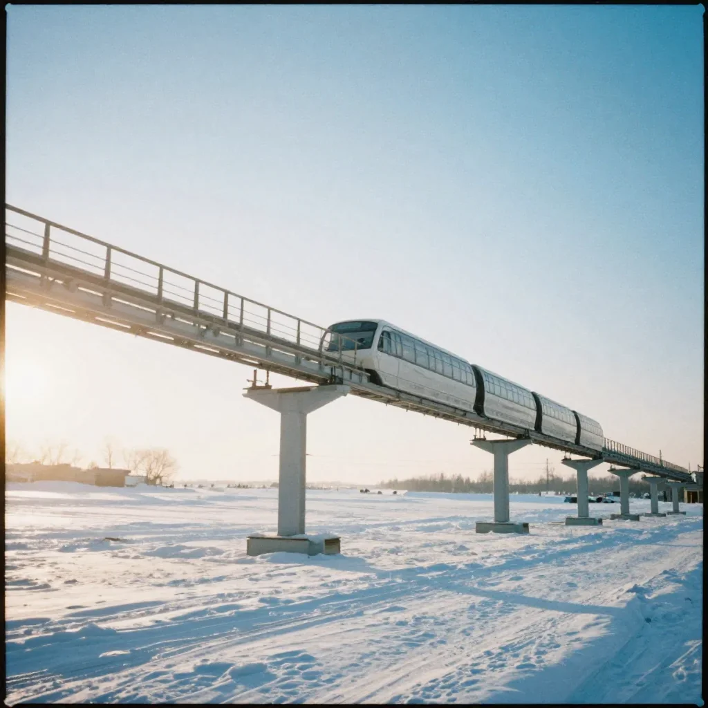 a glass monorail in crisp winter sunlight, soft-grain analog film photography, calm negative space, ice blue and warm ce