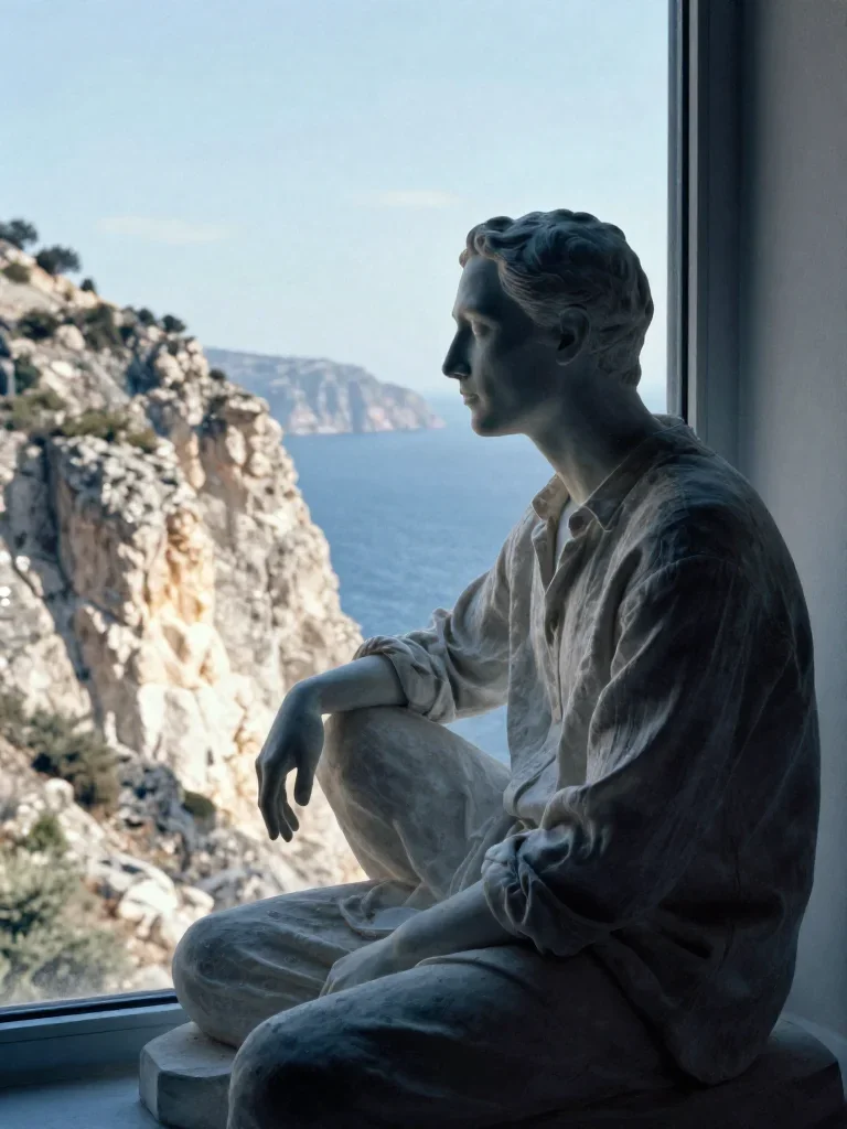 a sculptor at rest in a linen shirt, dust-hazed in a seated silhouette against a window, on a sun-drenched cliffside, ed